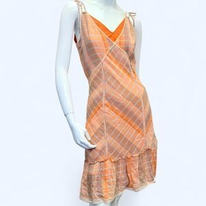 IE Cotton Gauze Mini Dress Lace Trim Ruffle Strap Boho Womens S, plaid, chevron